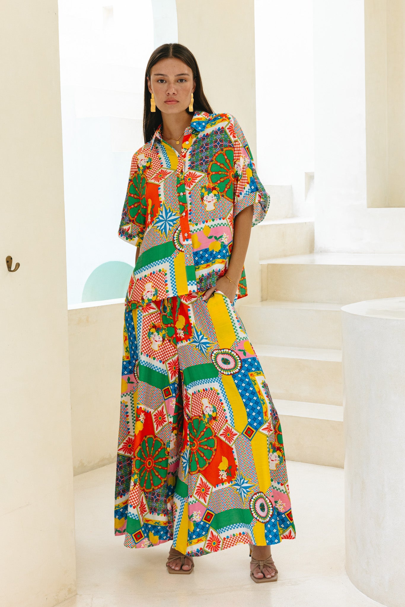 Heychic Allegra Multicolour Patchwork Wide Leg Cropped Pants (Multi)