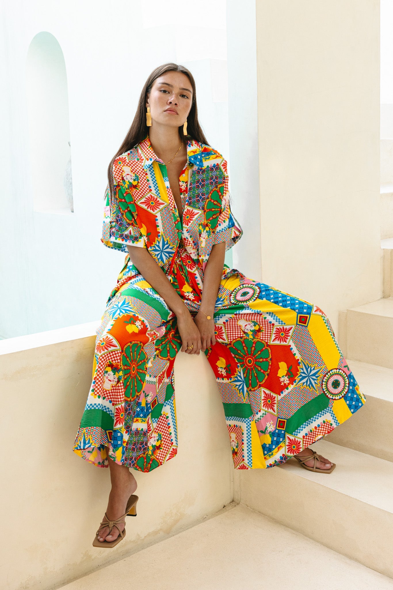 Image of a model wearing Shorts. Productname: Heychic Allegra Multicolour Patchwork Wide Leg Cropped Pants in Multi colour by brand - Heychic