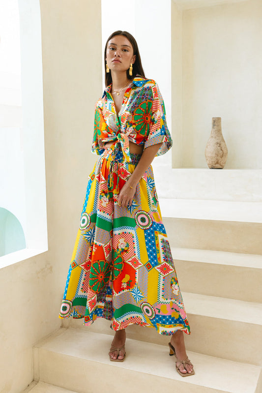 Heychic Allegra Multicolour Patchwork Wide Leg Cropped Pants (Multi)