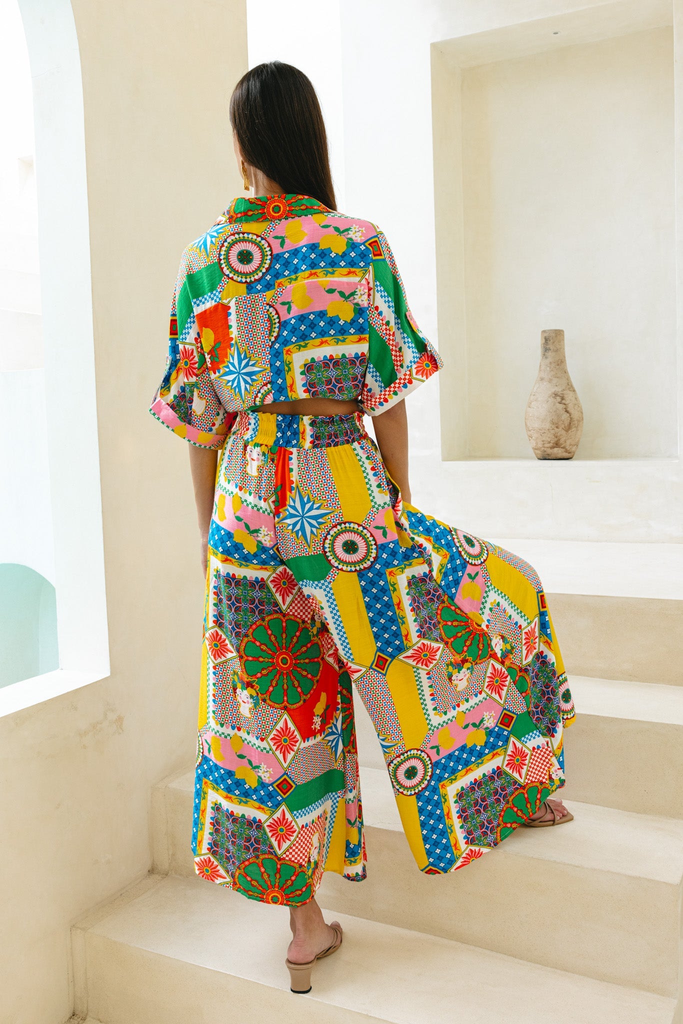 Heychic Allegra Multicolour Patchwork Wide Leg Cropped Pants (Multi)