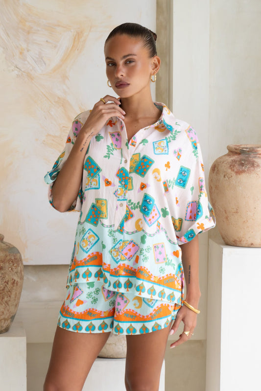 Image of a model wearing Tops. Productname: Heychic Fortuna Abstract Shirt in Blue colour by brand - Heychic