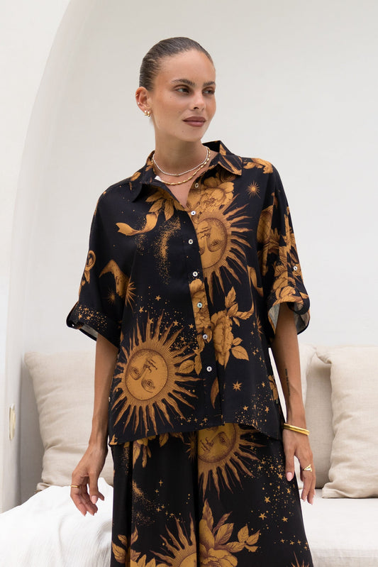 Image of a model wearing Tops. Productname: Heychic Estella Black Abstract Floral Shirt in Black colour by brand - Heychic