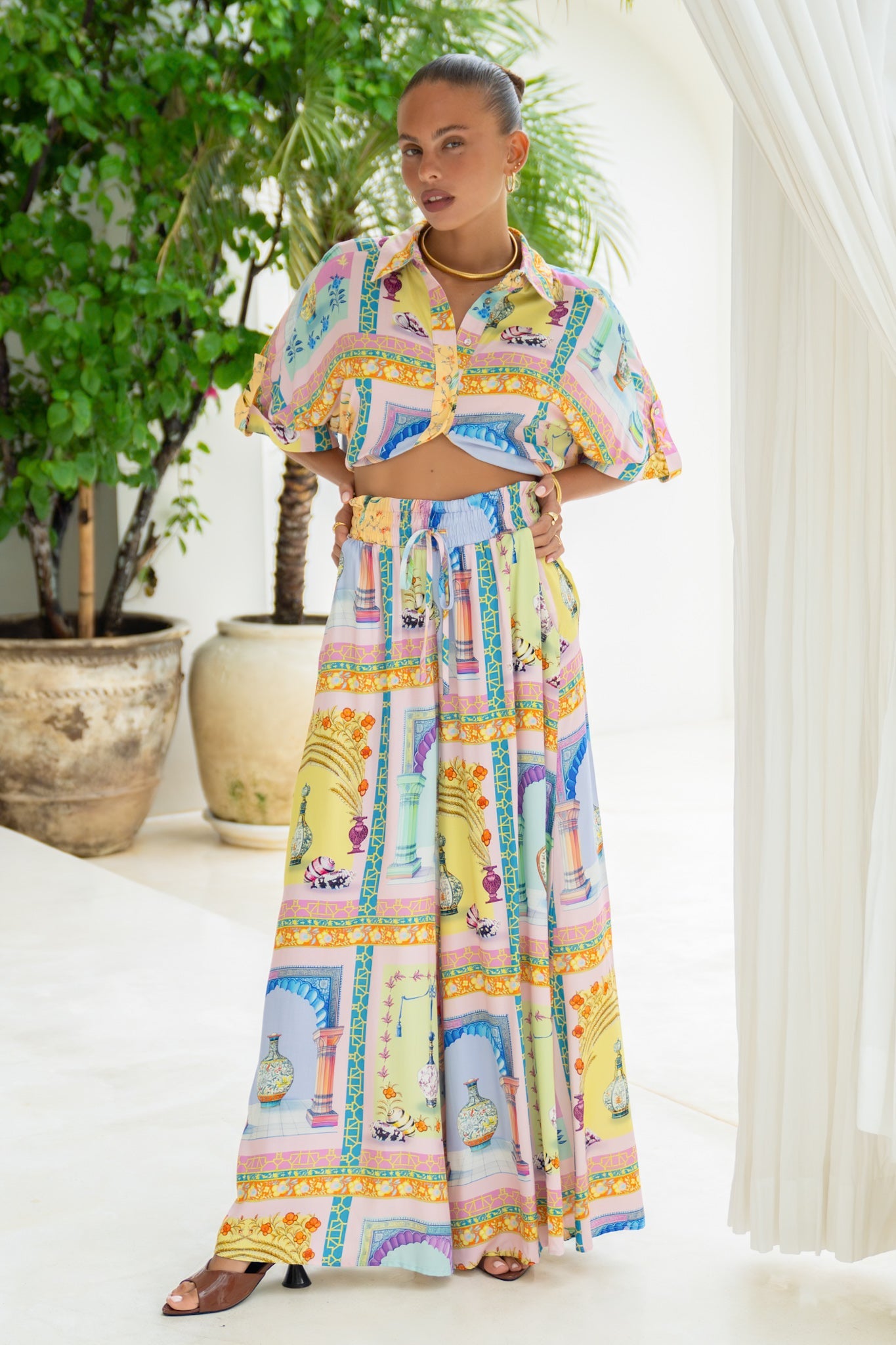 Image of a model wearing Shorts. Productname: Heychic Ambrosia Multicolour Abstract Wide Leg Pants in Multi colour by brand - Heychic