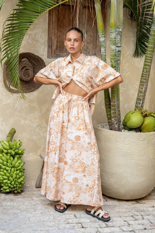 Image of a model wearing Pants. Productname: Heychic Odessa Abstract Wide Leg Cropped Pants in Khaki colour by brand - Heychic
