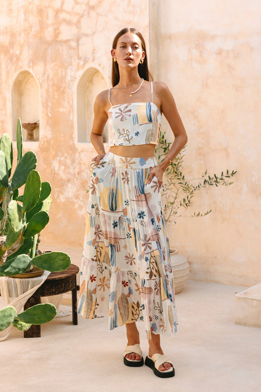 Heychic Nyra Abstract Tiered Maxi Skirt (White)