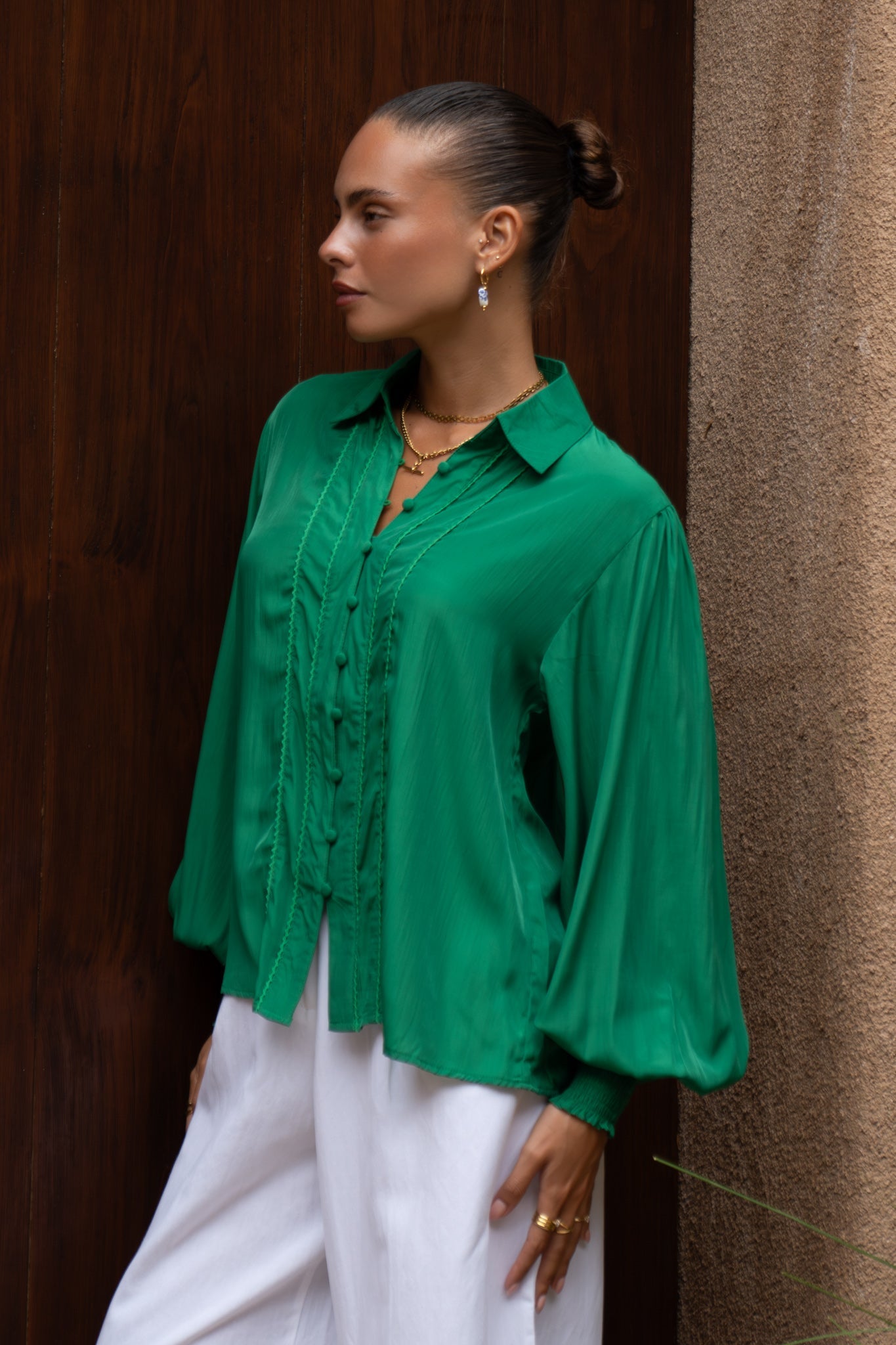 Heychic Rochelle Cupro Balloon Sleeve Blouse (Green)