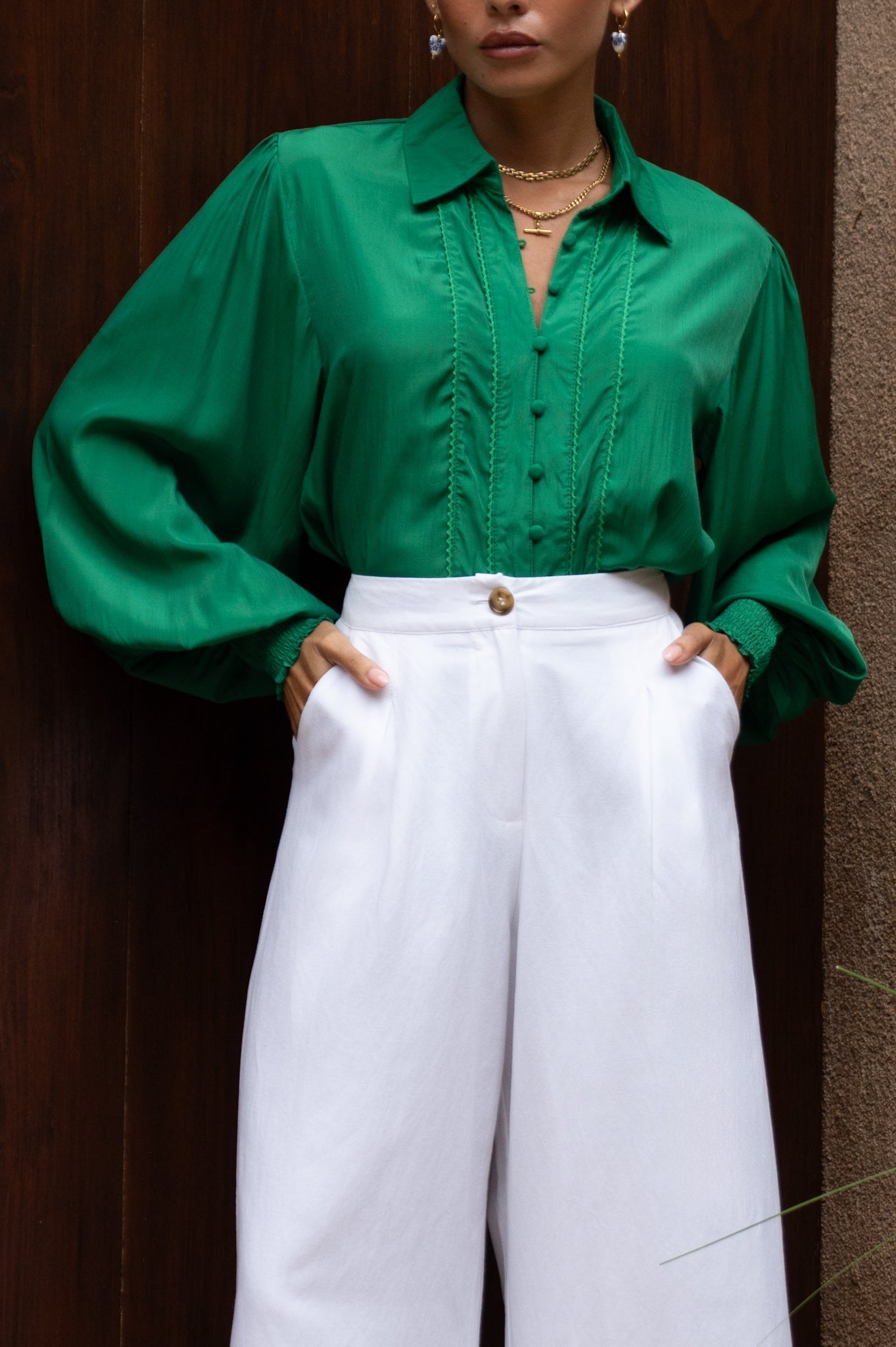 Heychic Rochelle Cupro Balloon Sleeve Blouse (Green)