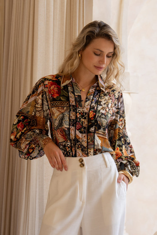 Image of Blouses. Product name - Alessia Black Abstract Balloon Sleeve Blouse in Black colour by brand - Heychic