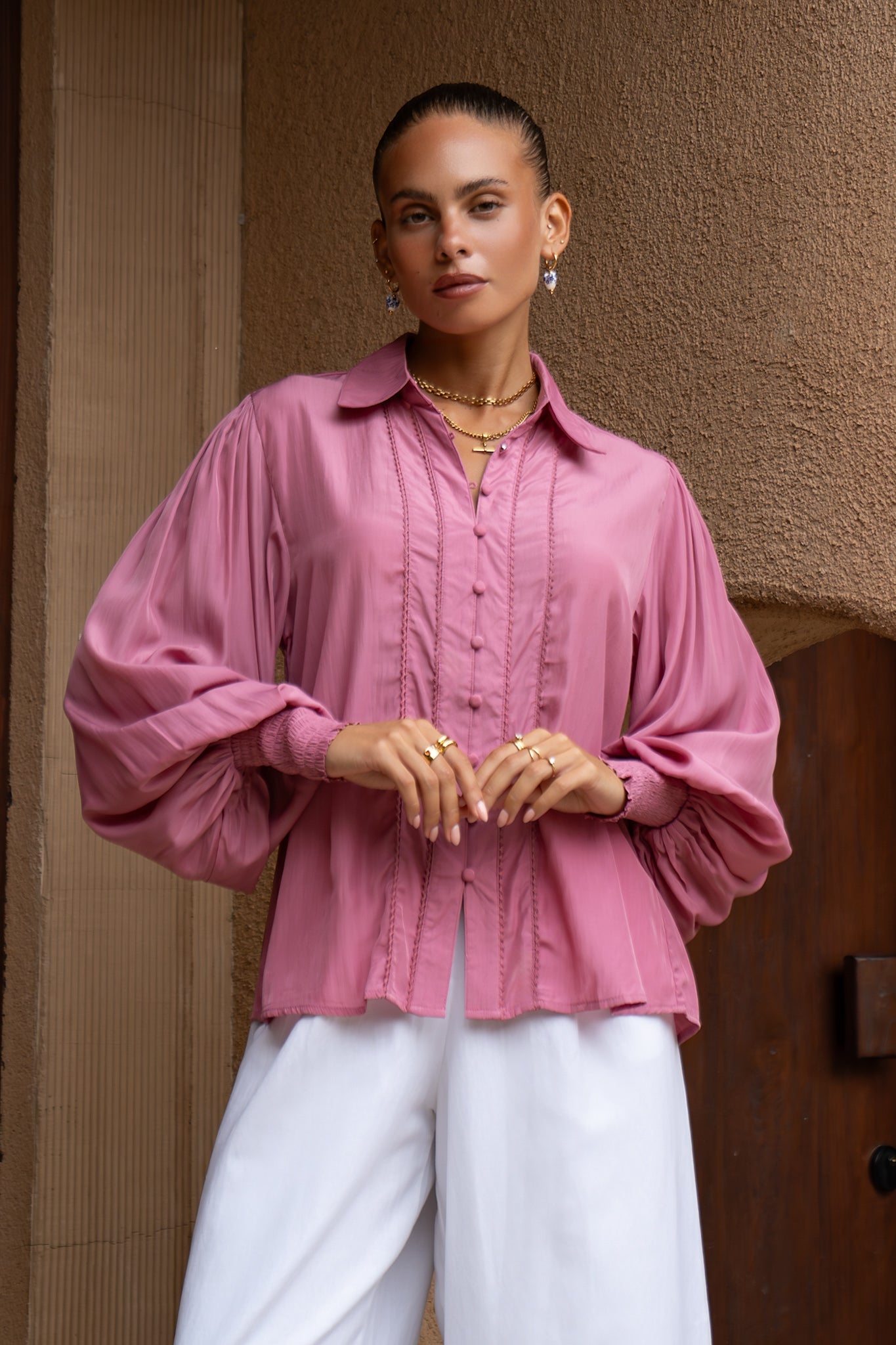 Heychic Rochelle Berry Cupro Balloon Sleeve Blouse (Pink)
