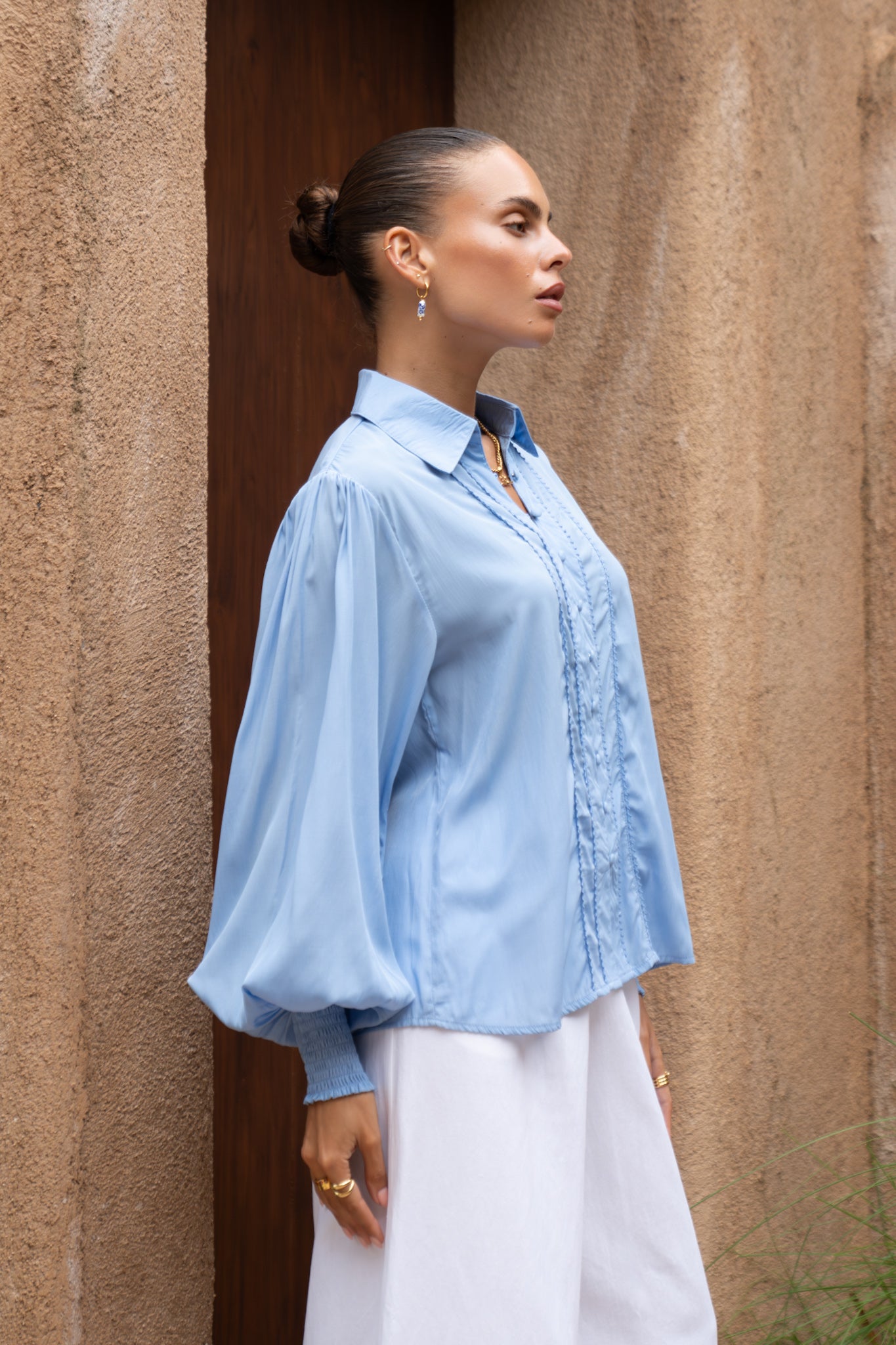 Heychic Rochelle Cupro Balloon Sleeve Blouse (Blue)