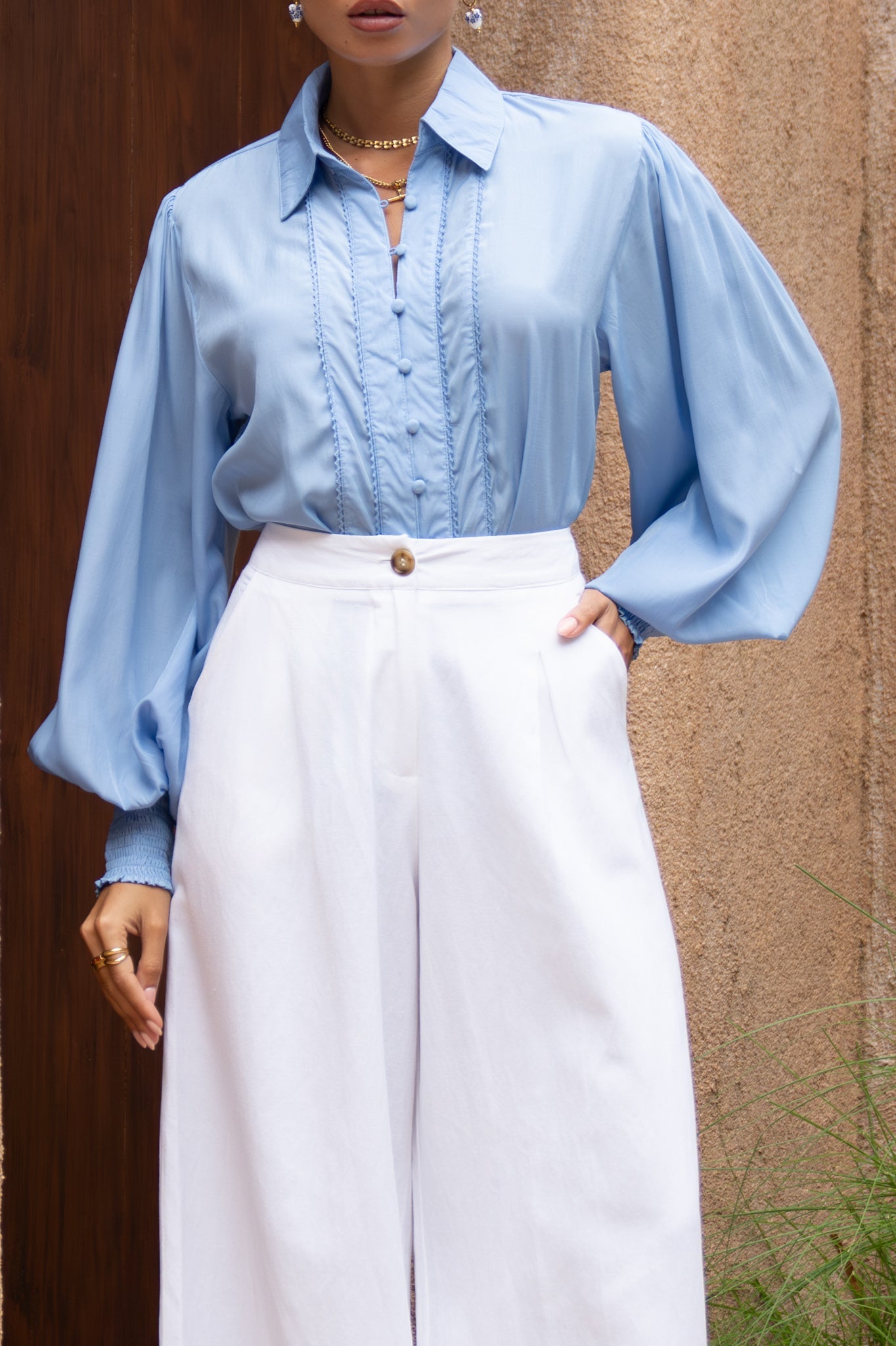 Heychic Rochelle Cupro Balloon Sleeve Blouse (Blue)