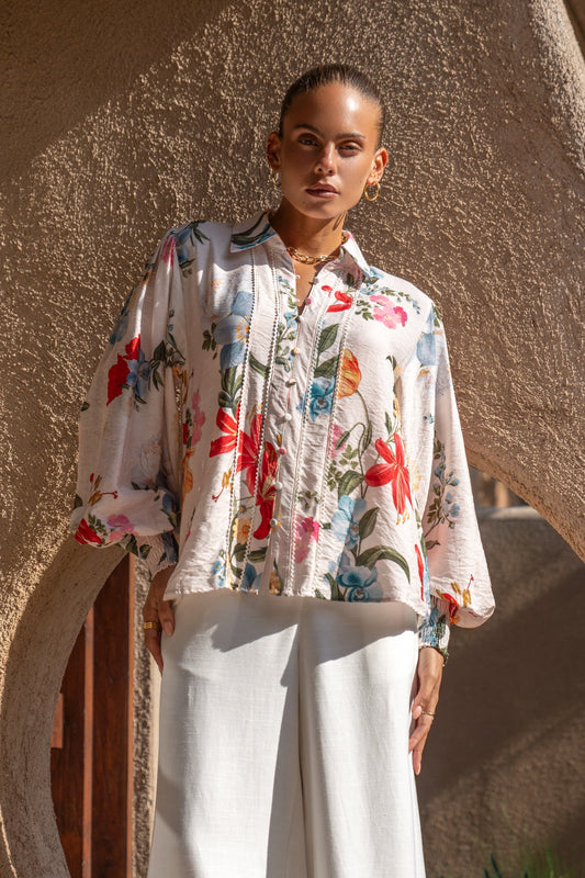 Heychic Joyce Multicolour Balloon Sleeve Collared Blouse (Floral)