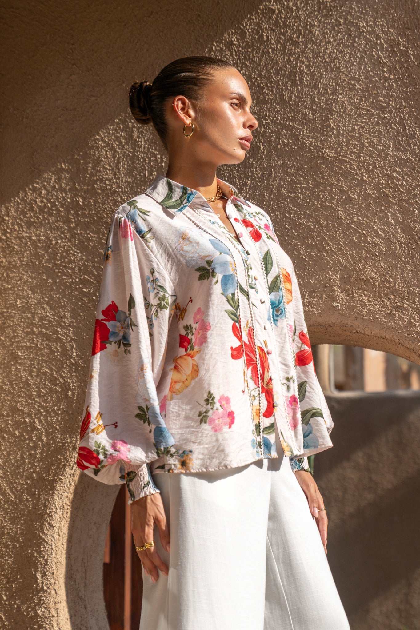 Heychic Joyce Multicolour Balloon Sleeve Collared Blouse (Floral)