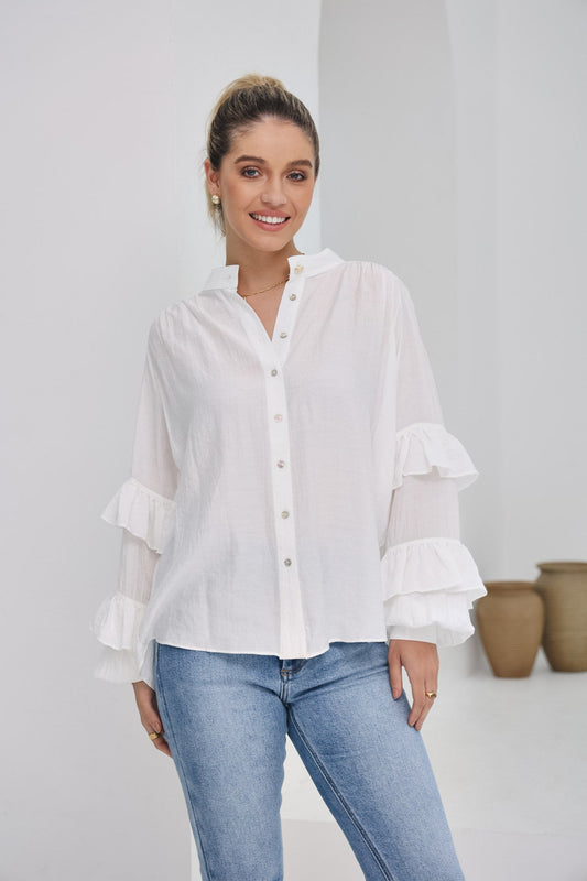 Image of a model wearing Tops. Productname: Heychic Elissa Ruffle Sleeve Blouse in White colour by brand - Heychic