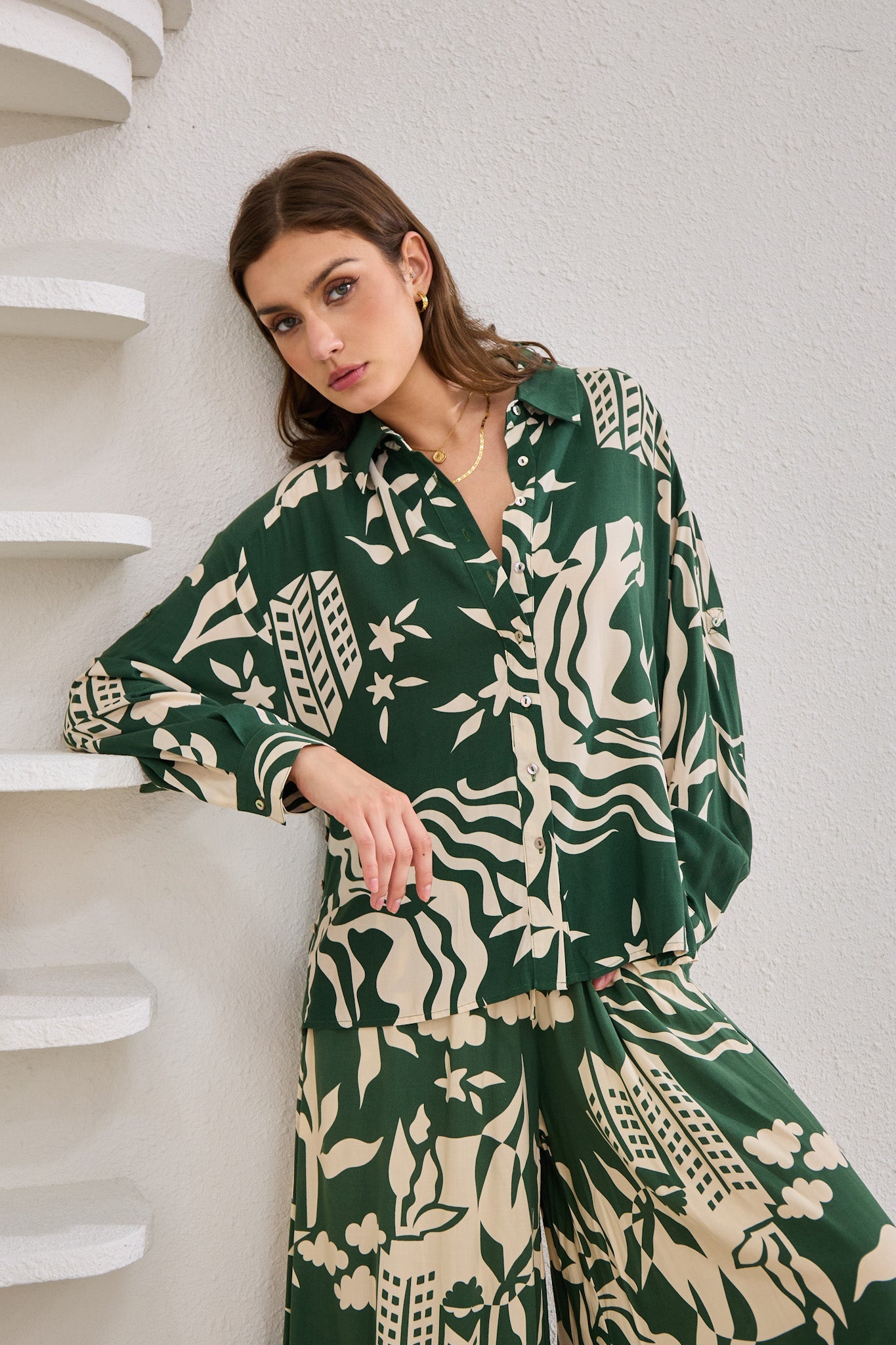 Image of a model wearing Tops. Productname: Heychic Cali Abstract Long Sleeve Shirt in Green colour by brand - Heychic
