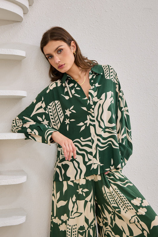 Image of a model wearing Tops. Productname: Heychic Cali Abstract Long Sleeve Shirt in Green colour by brand - Heychic