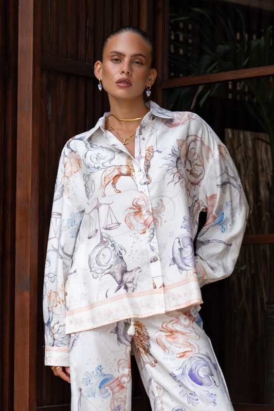 Image of a model wearing Tops. Productname: Heychic Zodiac Abstract Long Sleeve Shirt in Multicolour colour by brand - Heychic