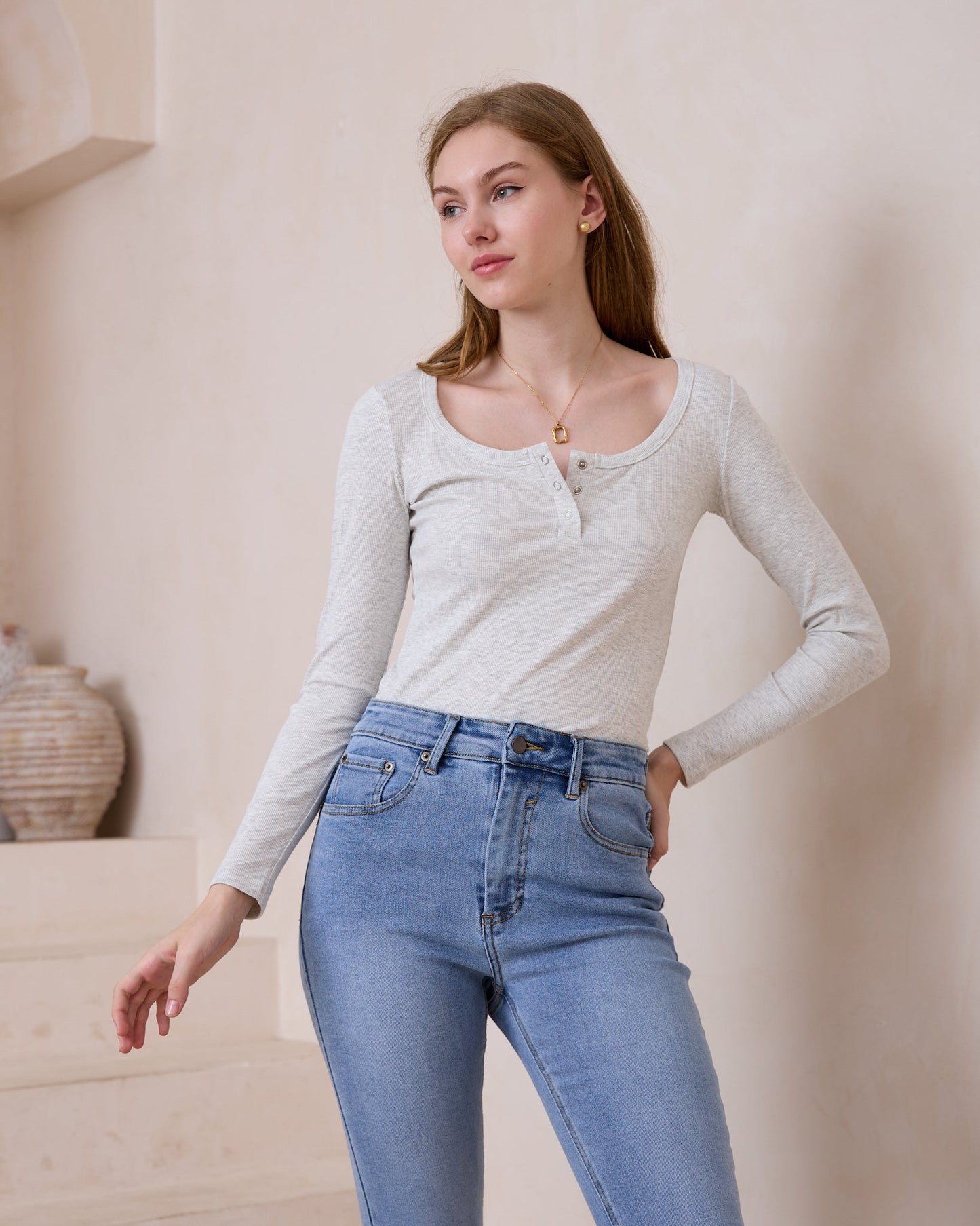 Heychic Ada Ribbed Long Sleeve Top (Grey)