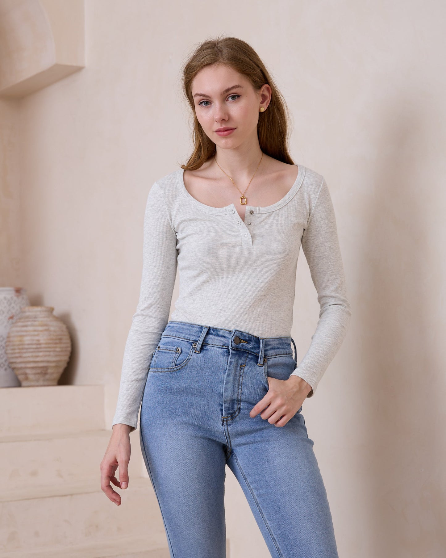 Image of a model wearing Tops. Productname: Heychic Ada Ribbed Long Sleeve Top in Grey colour by brand - Heychic