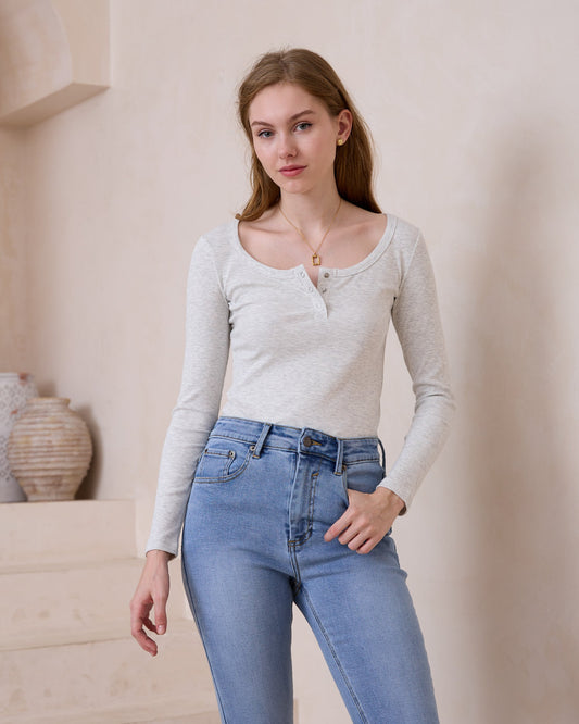 Image of a model wearing Tops. Productname: Heychic Ada Ribbed Long Sleeve Top in Grey colour by brand - Heychic