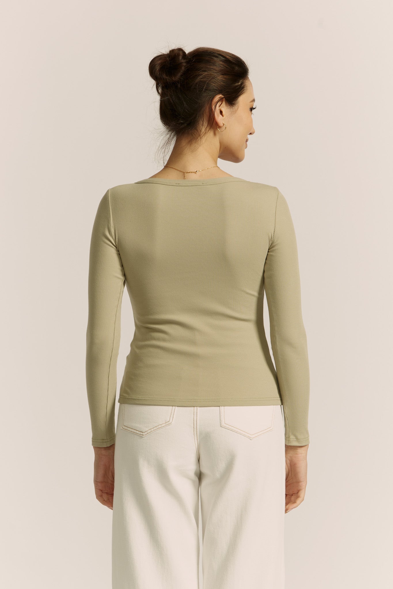 Heychic Ada Light Khaki Ribbed Long Sleeve Top (Green)