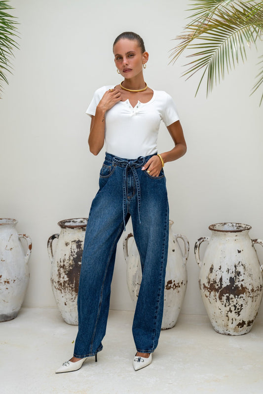 Image of a model wearing Pants. Productname: Heychic Sawyer Denim Jeans in Blue colour by brand - Heychic
