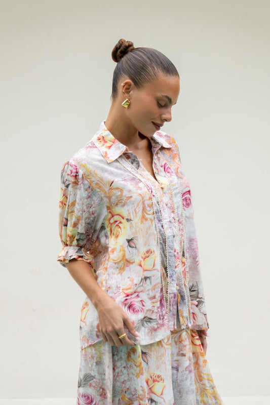 Image of a model wearing Tops. Productname: Heychic Carmella Pink Floral Puff Sleeve Blouse in Pink colour by brand - Heychic