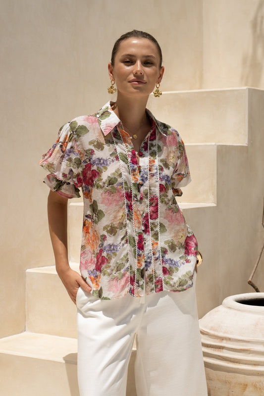 HEYCHIC Alba Pink Puff Sleeve Blouse (Floral)