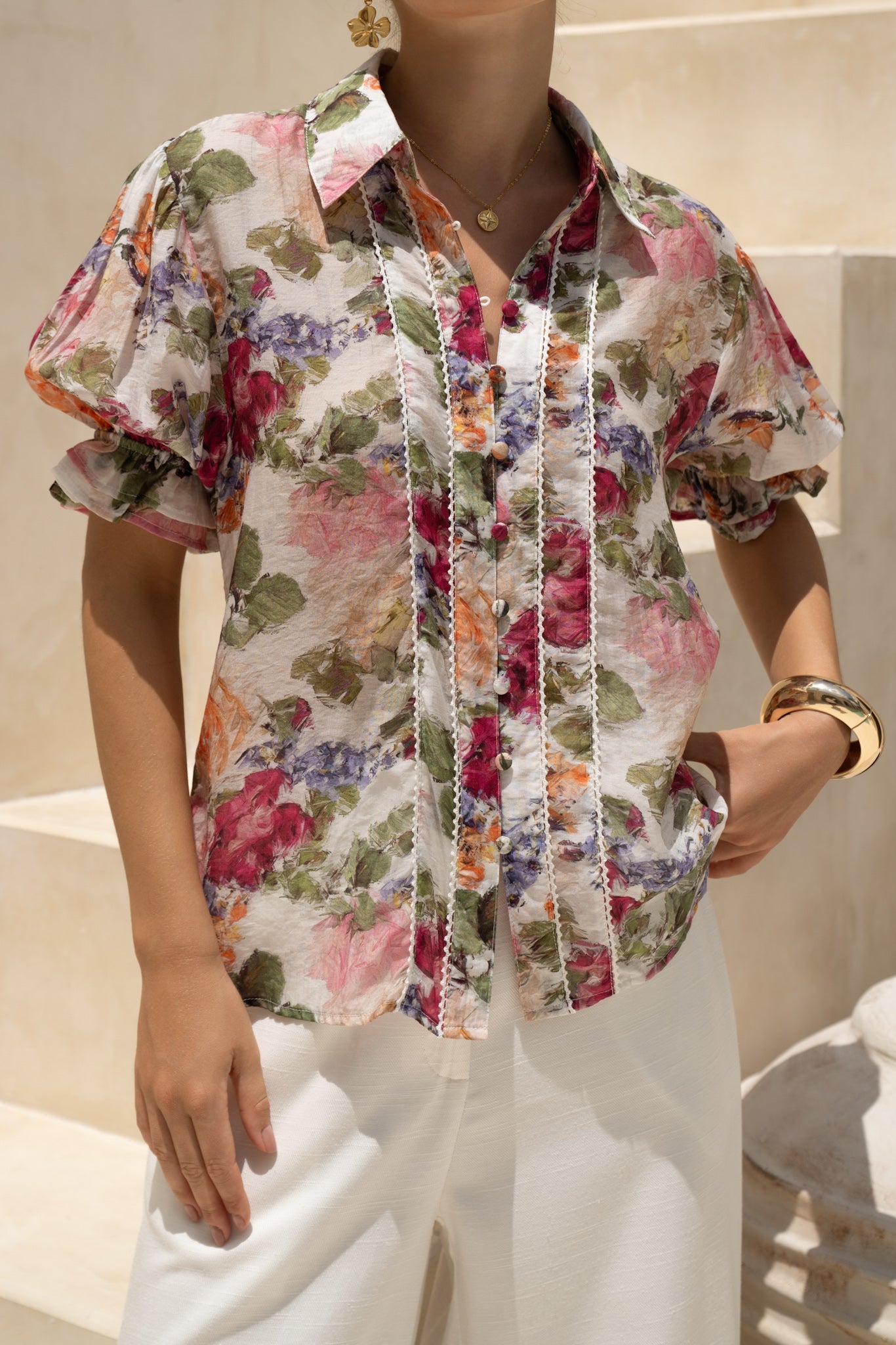 HEYCHIC Alba Pink Puff Sleeve Blouse (Floral)