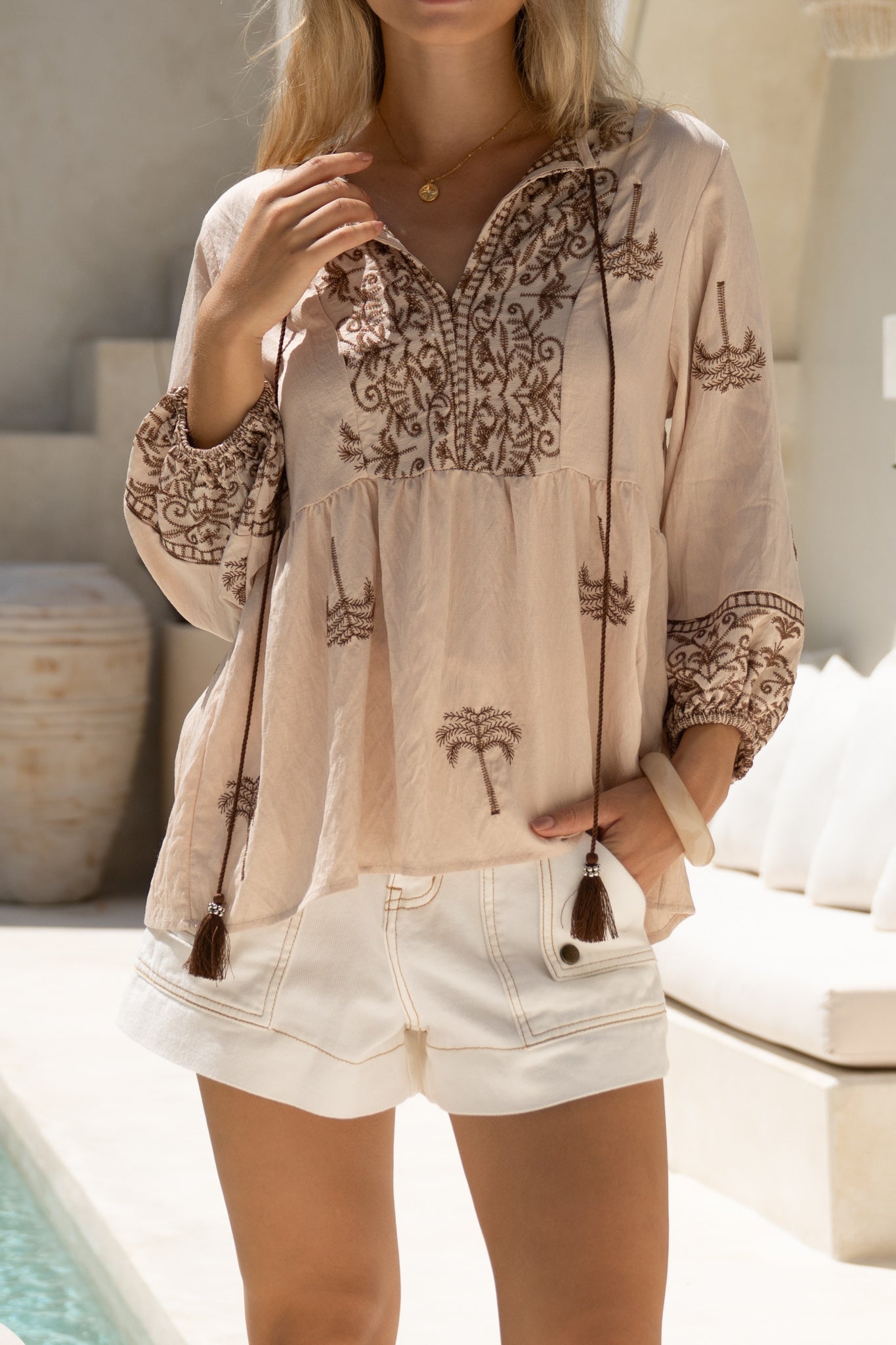 Heychic Kaena Tropical Embroidered Blouse (Brown)
