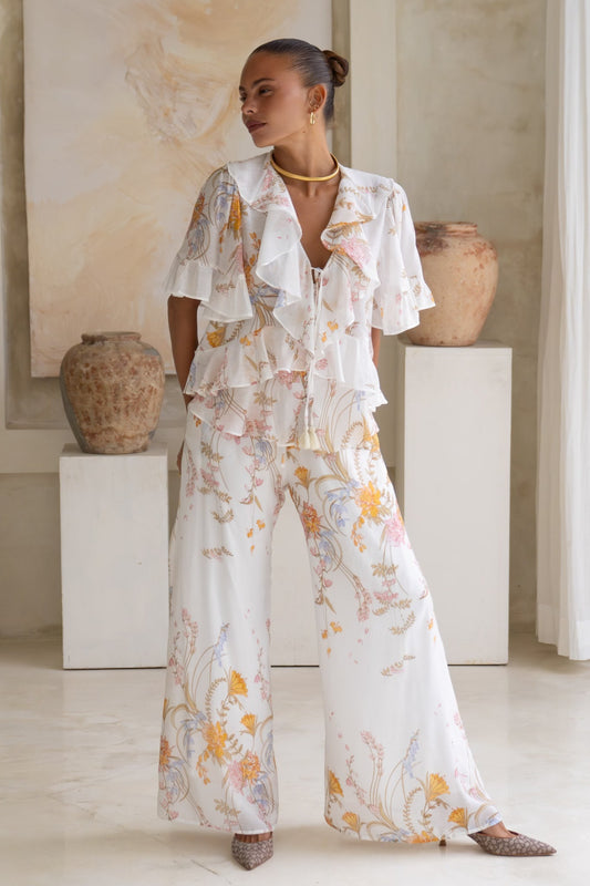 Image of a model wearing Pants. Productname: Heychic Emmeline Floral Wide Leg Pants in Yellow colour by brand - Heychic