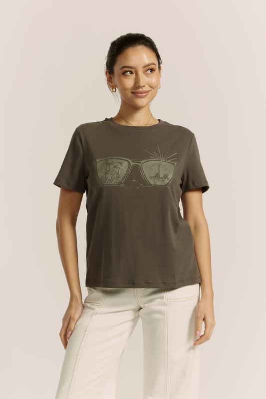 Image of a model wearing Tops. Product name - Sunnies Charcoal Grey Graphic T-Shirt in Grey colour by brand - Heychic