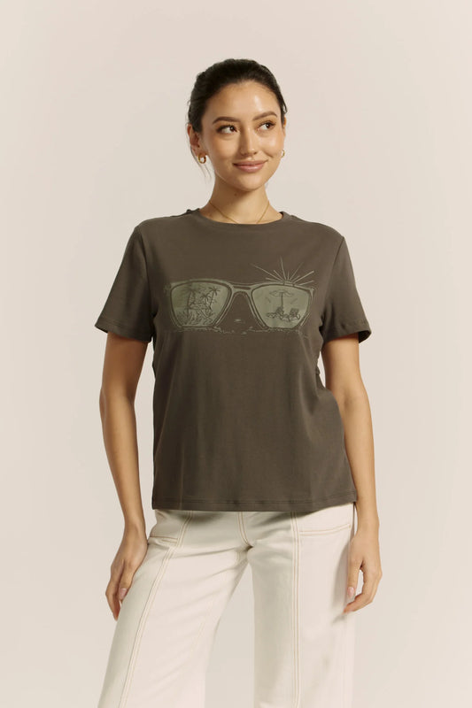 Image of a model wearing Tops. Product name - Sunnies Charcoal Grey Graphic T-Shirt in Grey colour by brand - Heychic