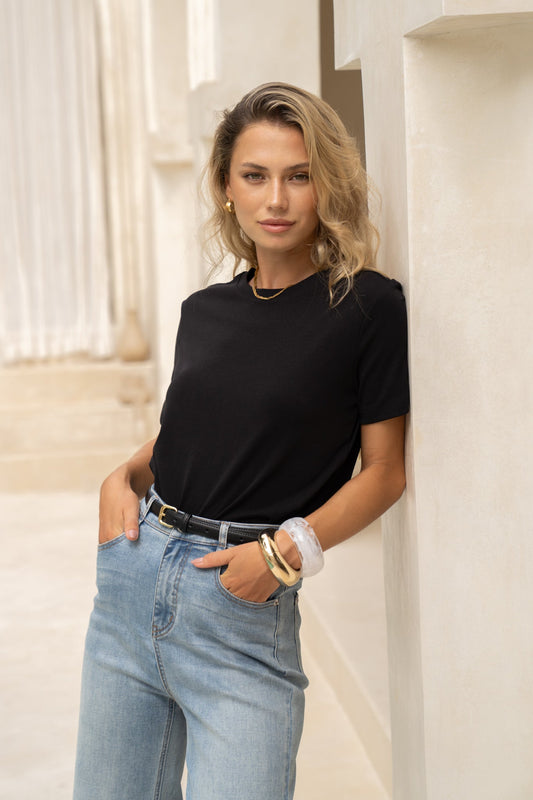 Image of a model wearing Tops. Productname: HEYCHIC Nox Black Classic Fit T-Shirt in Black colour by brand - HEYCHIC