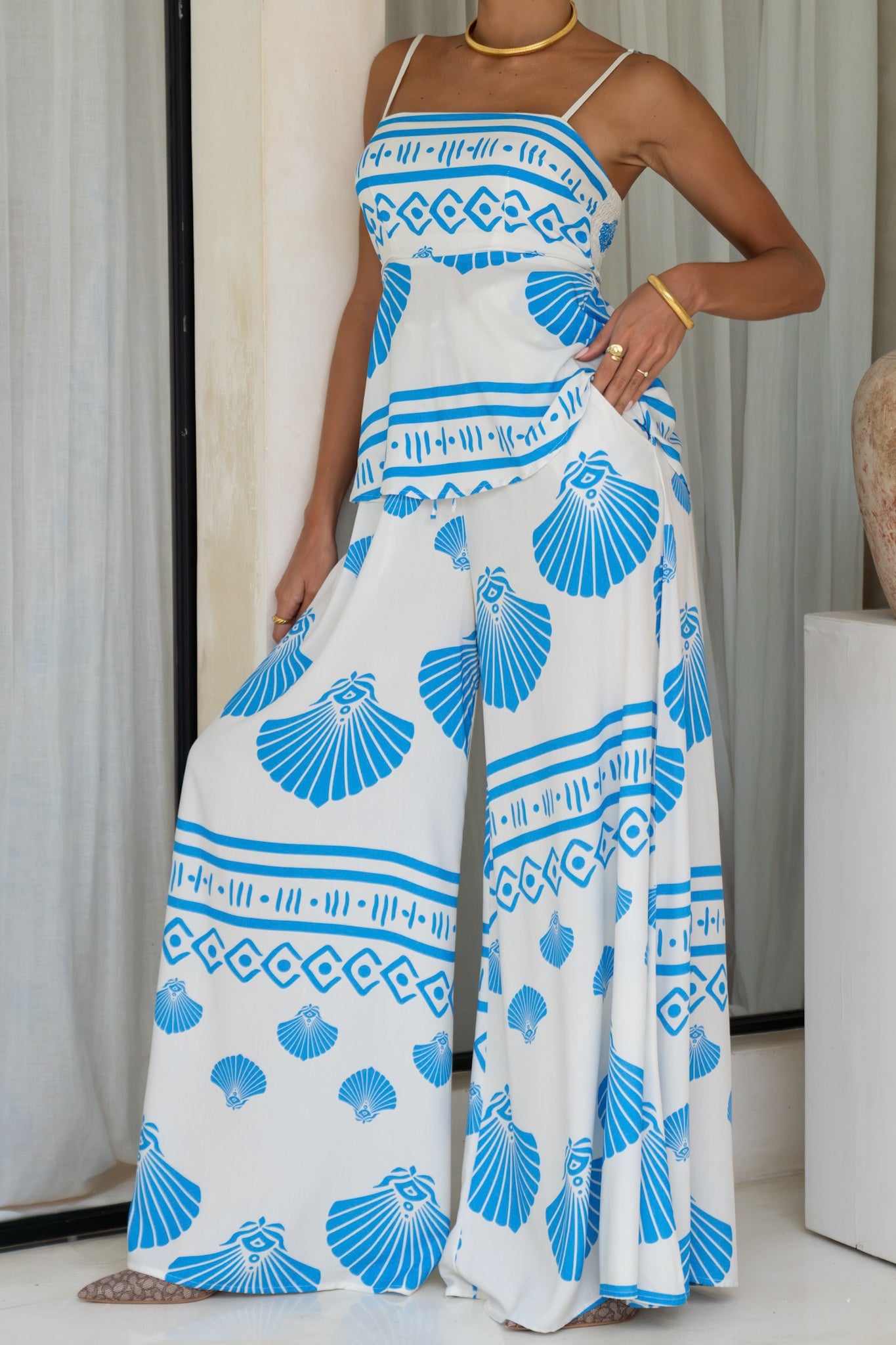 Heychic Shell Abstract Wide Leg Pants (Blue)