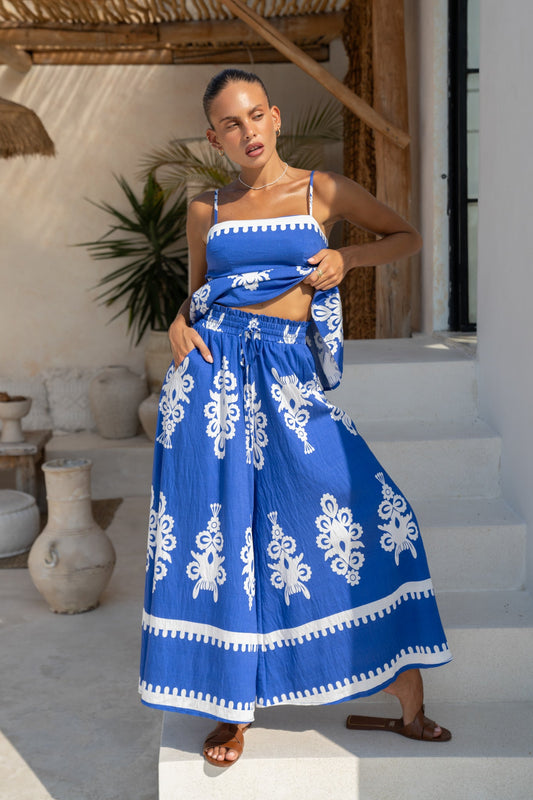 Heychic Lune Abstract Wide Leg Cropped Pants (Blue)