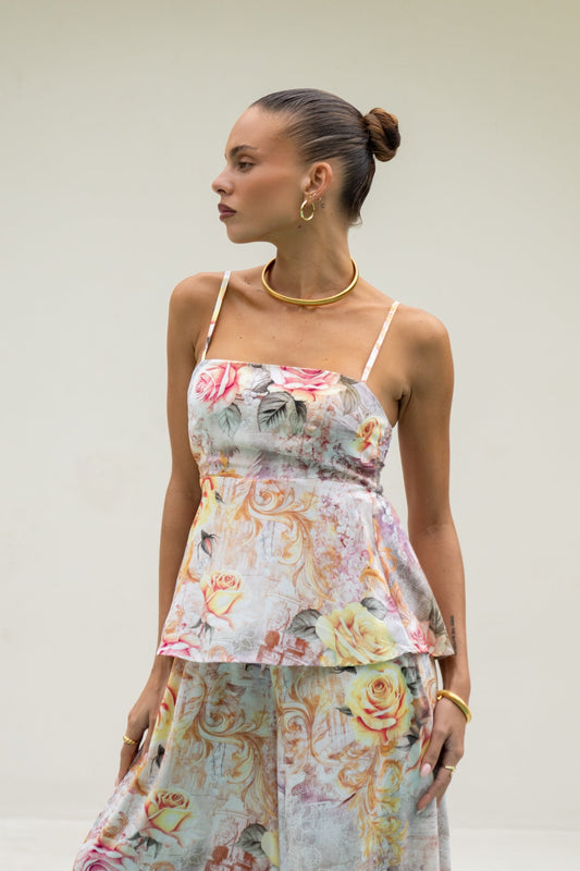 Image of a model wearing Tops. Productname: Heychic Carmella Pink Floral Cami Top in Pink colour by brand - Heychic