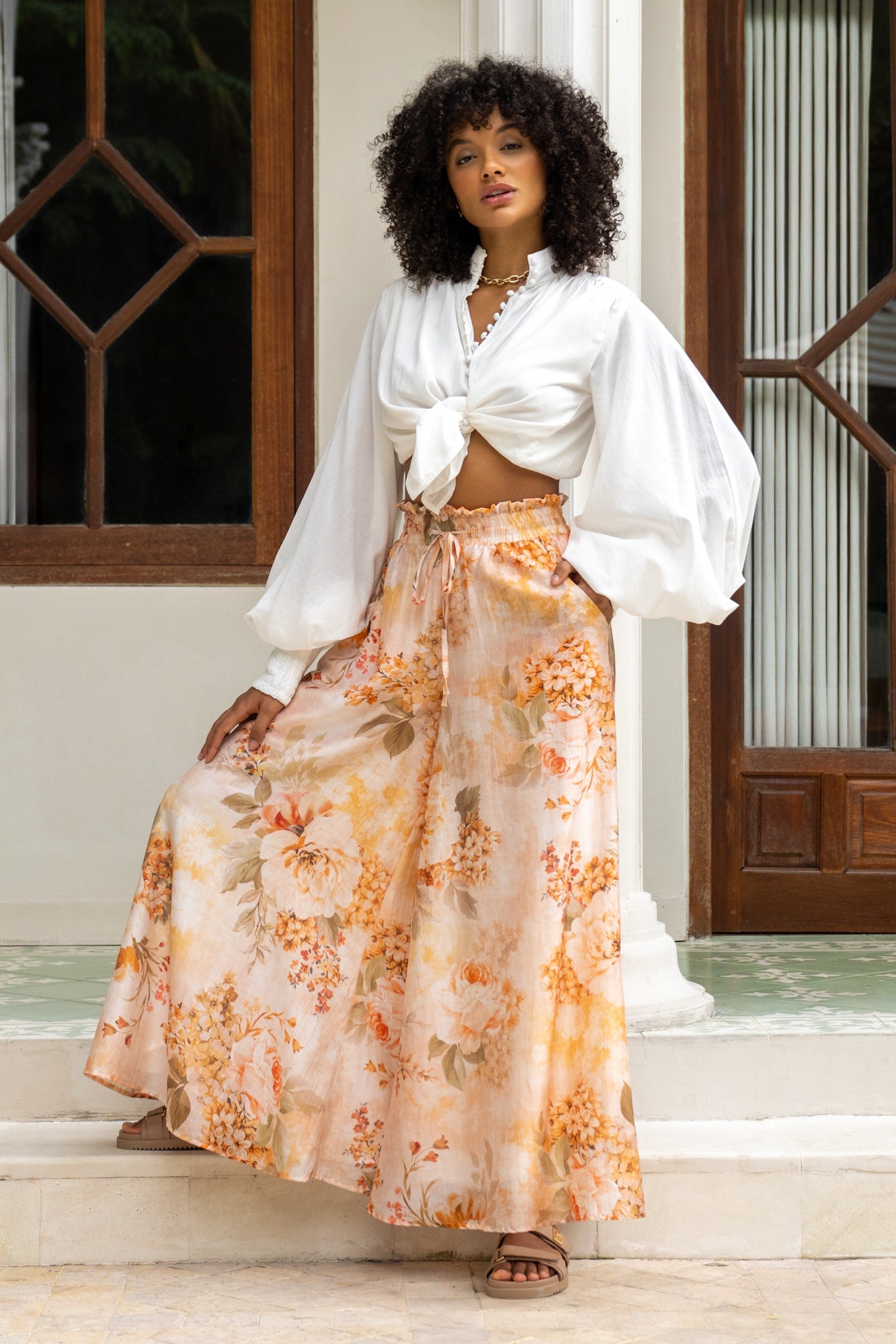 Heychic Fiorenza Orange Wide Leg Pants (Floral)