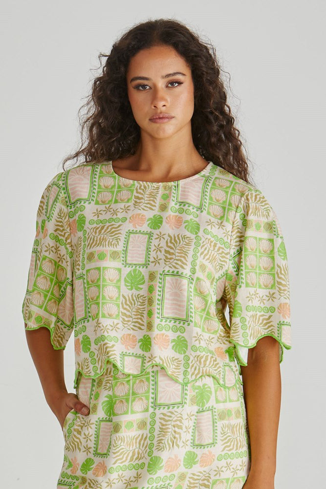 Image of T-Shirts. Product name - Emmett Shell Scallop Top Green Shell Patchwork in Green Shell Patchwork colour by brand - Sass Clothing
