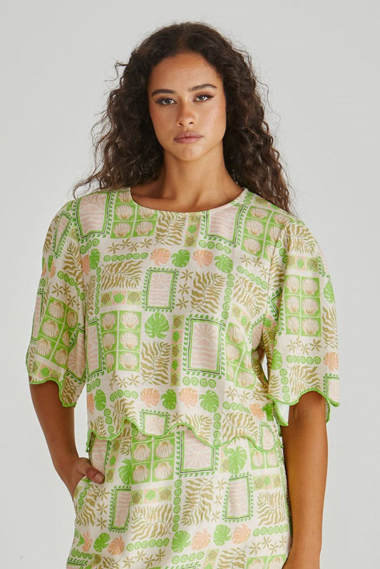 Image of T-Shirts. Product name - Emmett Shell Scallop Top Green Shell Patchwork in Green Shell Patchwork colour by brand - Sass Clothing
