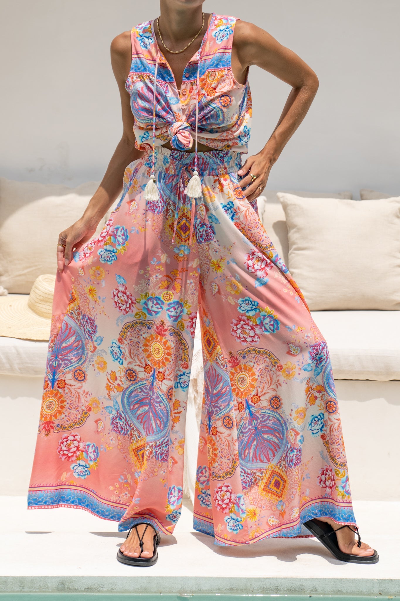 Heychic Serafina Pink Boho Wide Leg Pants (Blue)