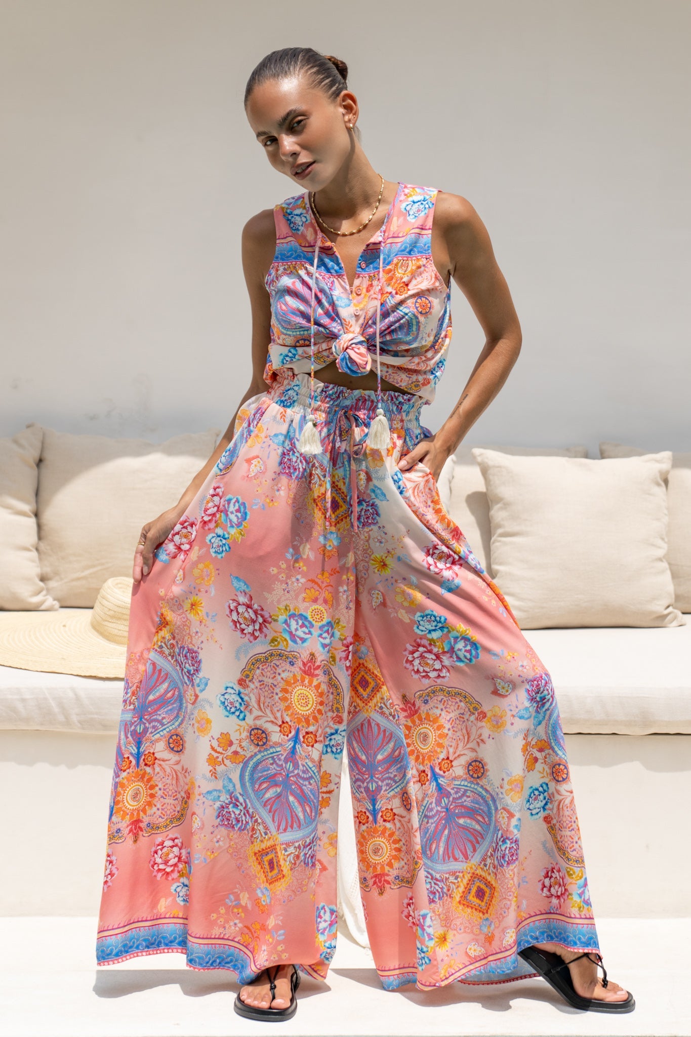 Image of a model wearing Shorts. Productname: Heychic Serafina Pink Blue Boho Wide Leg Pants in Blue colour by brand - Heychic