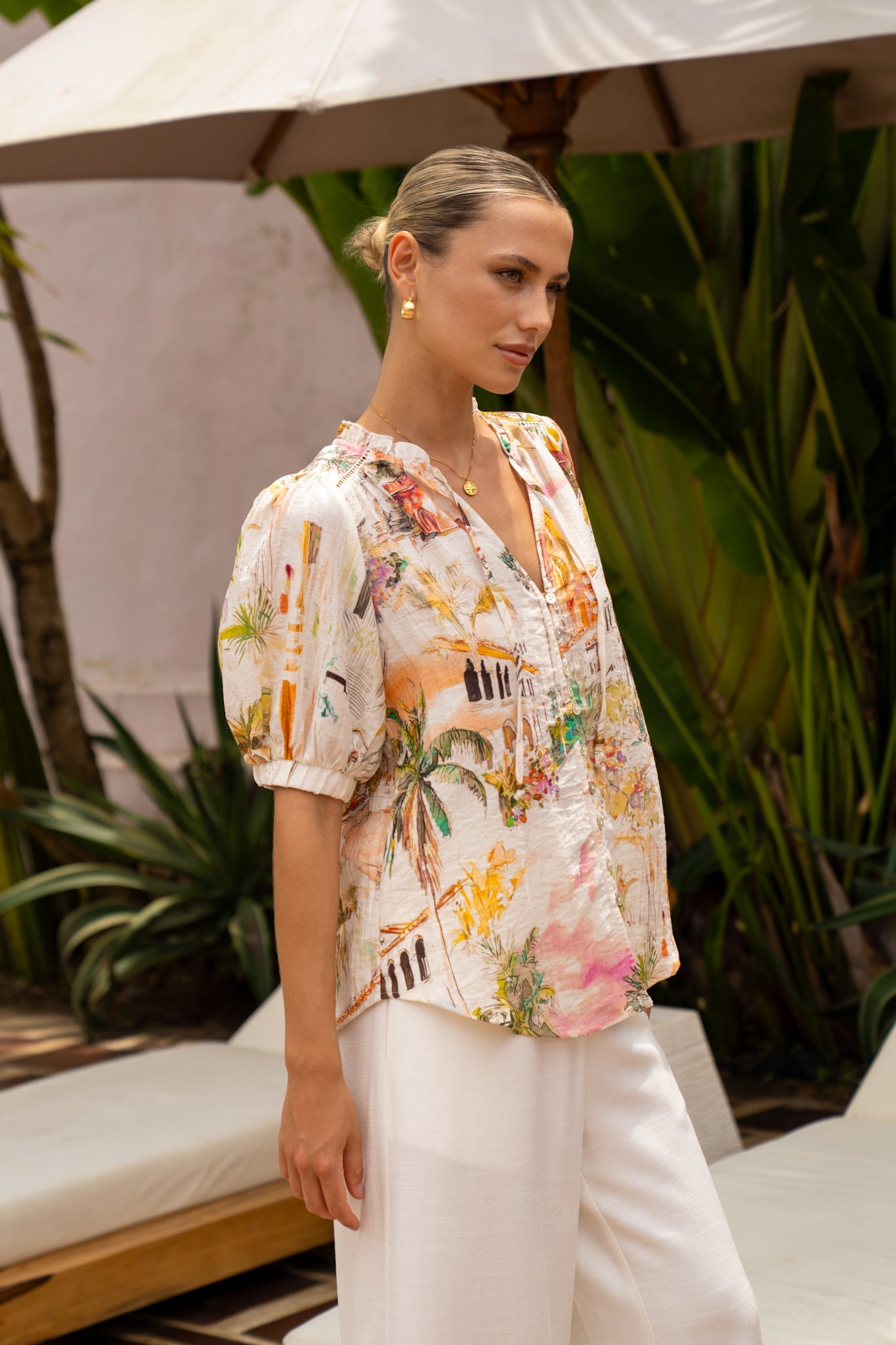 HEYCHIC Isola Multicolour Tropical Puff Sleeve Blouse (Multi)