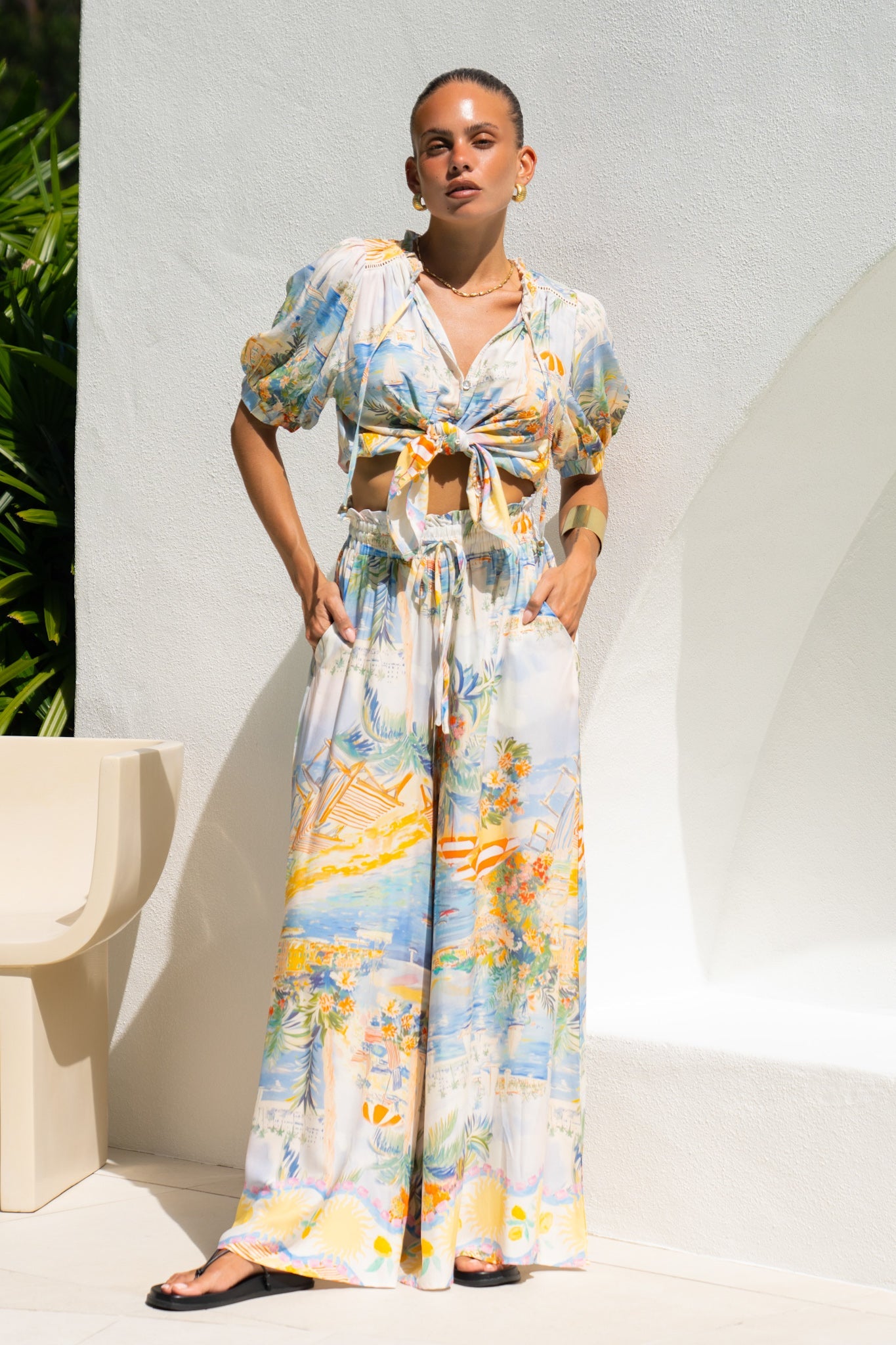 Image of a model wearing Shorts. Productname: Heychic Solmar Multicolour Abstract Wide Leg Pants in Multi colour by brand - Heychic