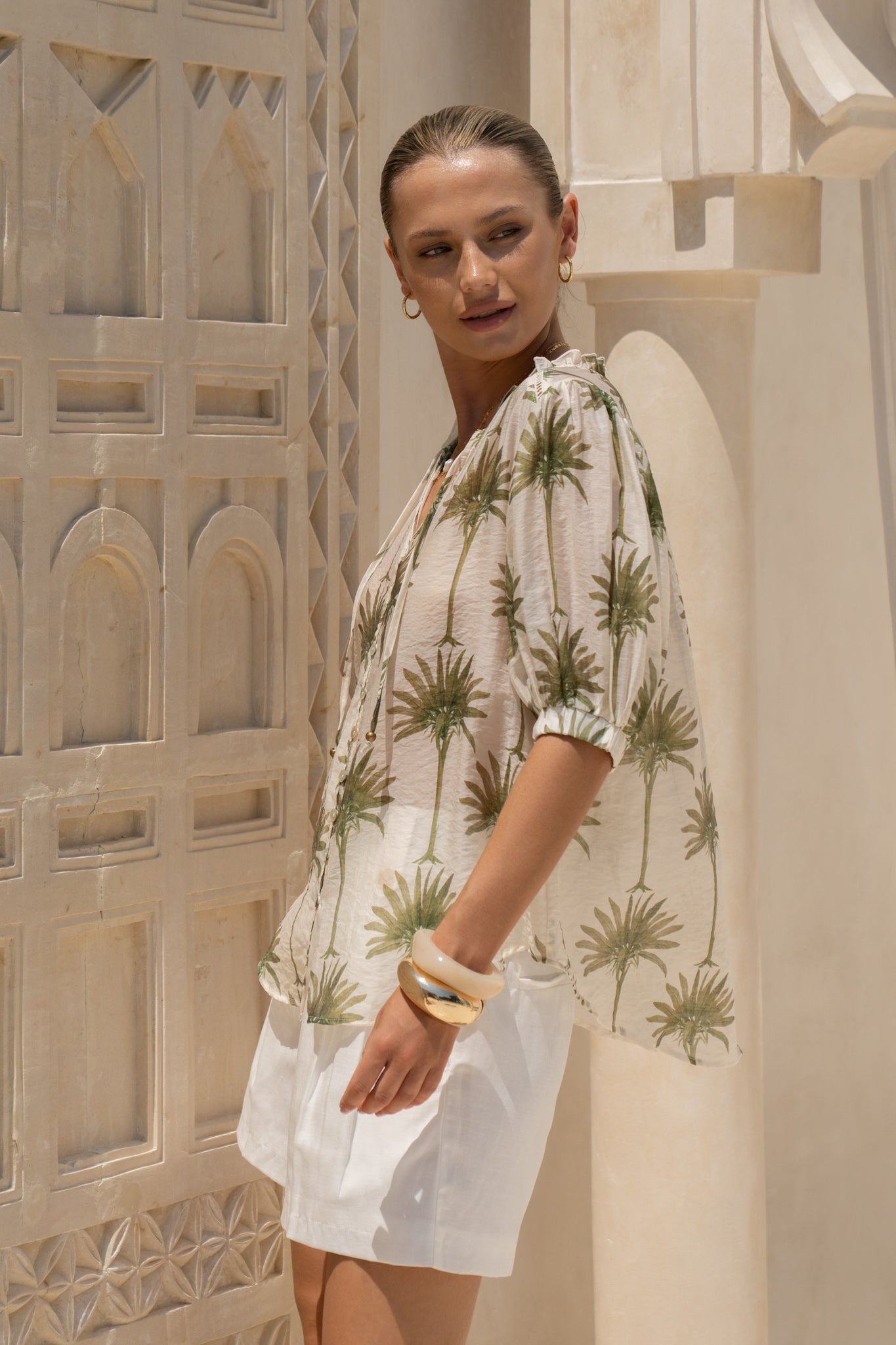 HEYCHIC Palm Tropical Puff Sleeve Blouse (Green)