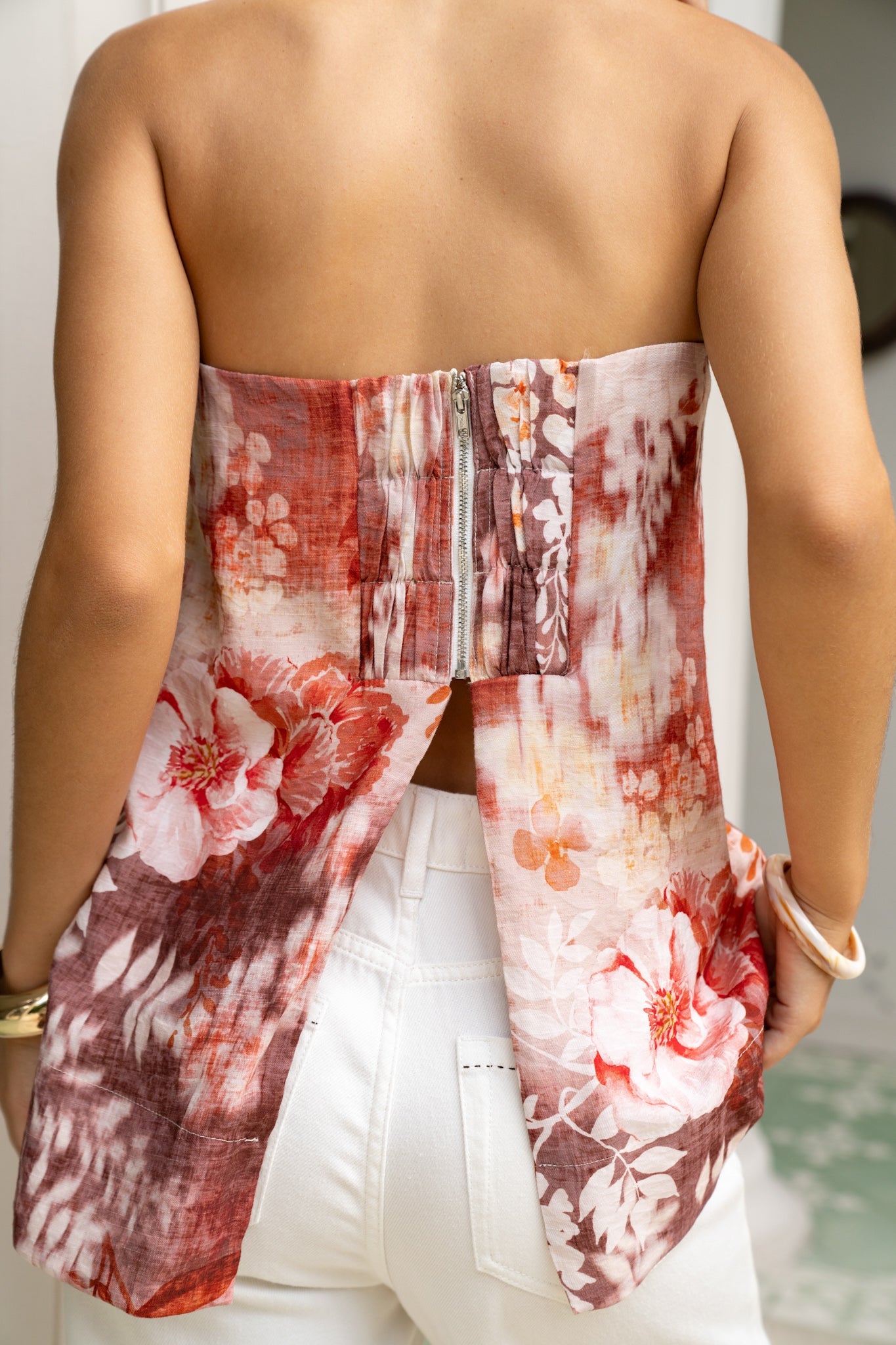 Heychic Tarielle Red Floral Strapless Top (Brown)