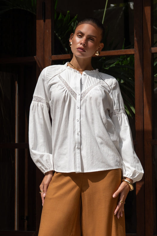 Image of a model wearing Tops. Productname: Heychic Lynette Lace Detail Blouse in White colour by brand - Heychic