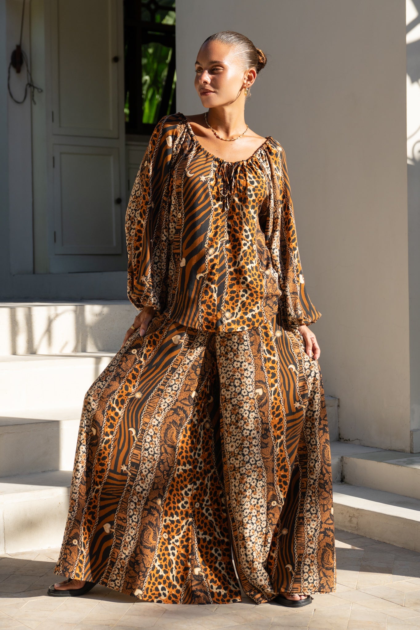 Heychic Malika Leopard Wide Leg Pants (Brown)