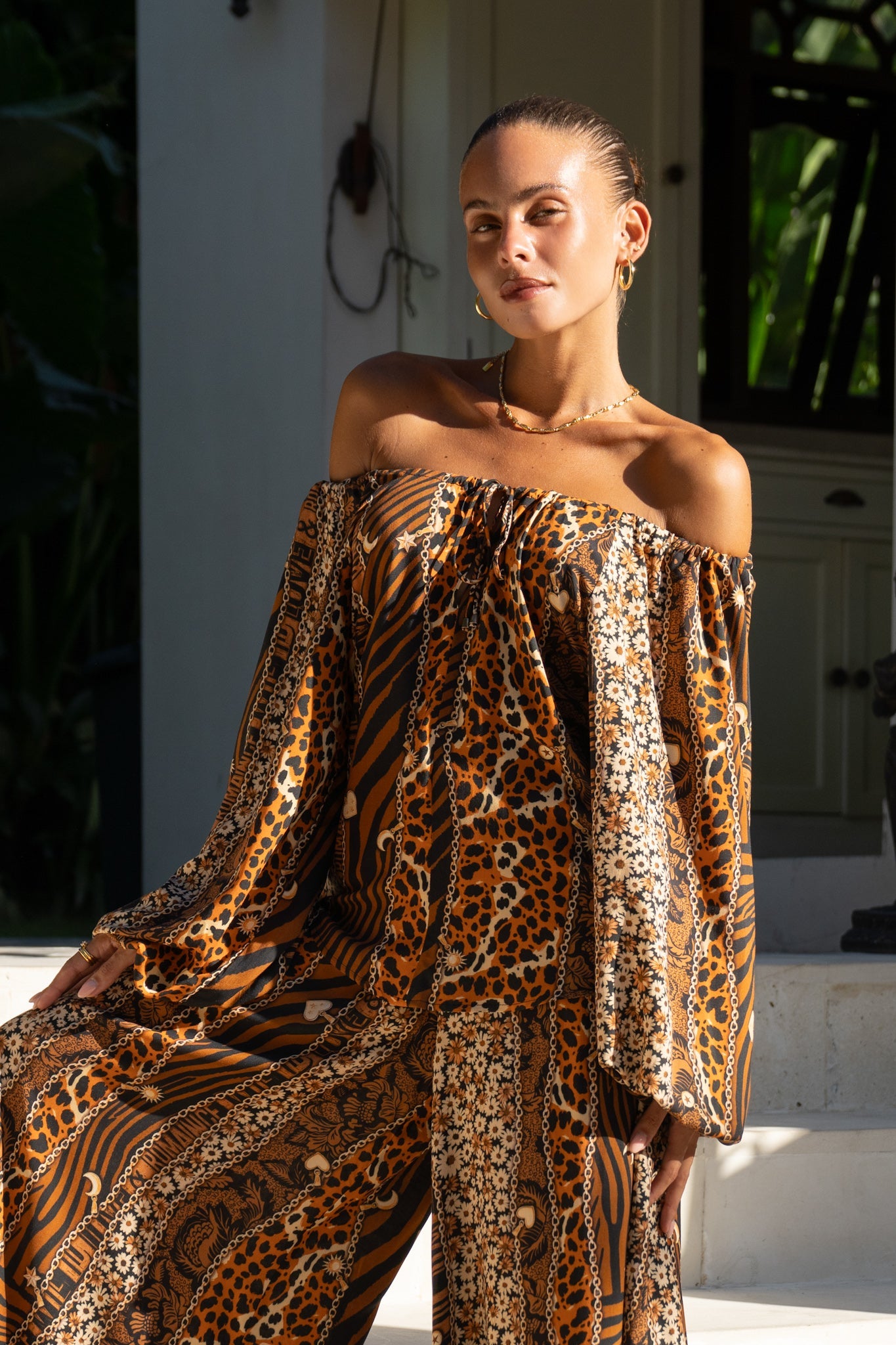 Image of a model wearing Tops. Productname: Heychic Malika Brown Leopard Blouse in Brown colour by brand - Heychic