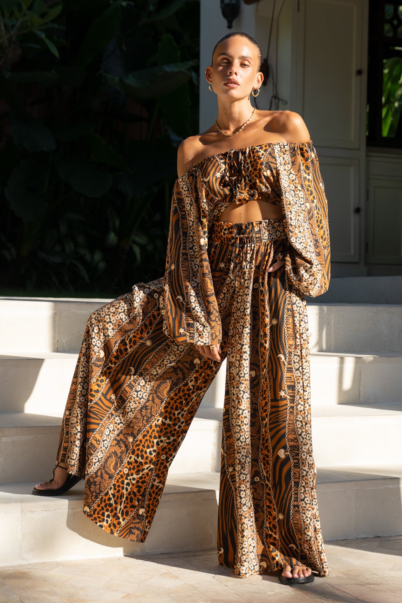 Heychic Malika Leopard Wide Leg Pants (Brown)